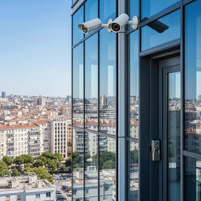 Modern office building with security cameras and a strong lock on the door, Marseille cityscape in the background, clean image
