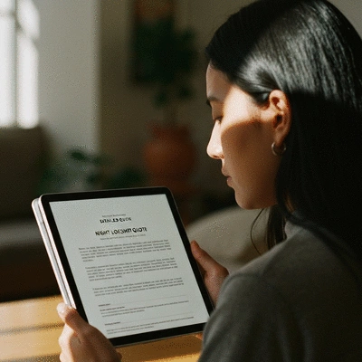 Personne examinant un devis de serrurier de nuit sur une tablette