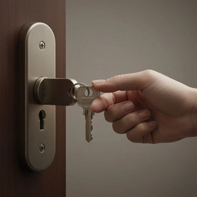 Main tenant une cl&eacute; devant une serrure de porte s&eacute;curis&eacute;e