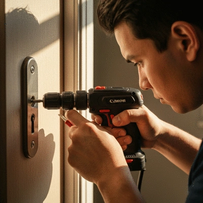Serrurier utilisant une perceuse sur une serrure de porte