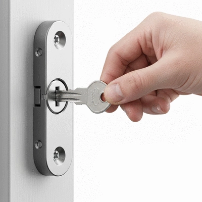 Close-up of a hand inserting a key into a modern door lock cylinder