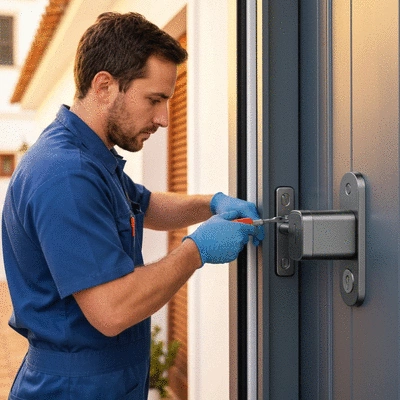 Serrurier installing a modern security lock on a door in Marseille