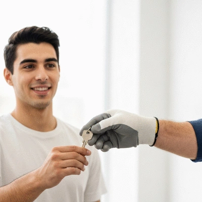 Gros plan sur une main de serrurier qui tend une clé à un client satisfait, symbolisant la confiance et la transparence, no text, no words, no typography, clean image