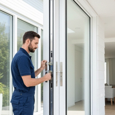 Serrurier installant une serrure multipoints sur une porte d'entrée