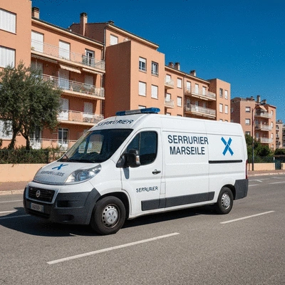Serrurier Marseille van parked outside a residential building in Marseille, ready for intervention, no text, no words, no typography, clean image