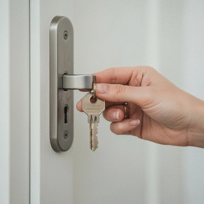 Main tenant une clé devant une serrure, symbolisant le choix et la sécurité