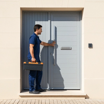 Un serrurier professionnel en uniforme, avec sa boîte à outils, répondant à un appel d'urgence devant une porte d'entrée moderne à Marseille, lumière du soleil, no text, no words, no typography, 8K