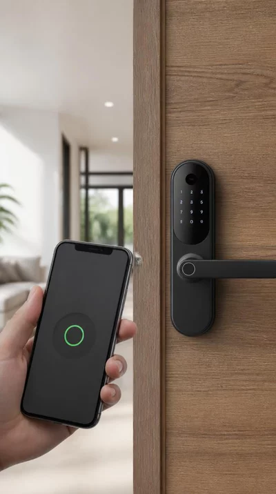 Smart lock on a modern door, controlled by a smartphone app