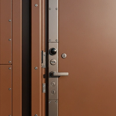 Modern reinforced door with an anti-intrusion panel installed, showing advanced security features