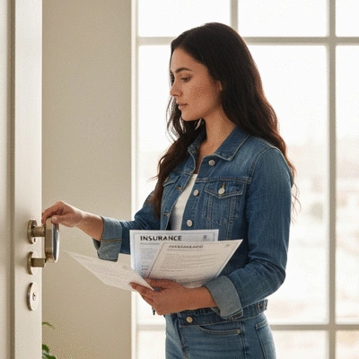 Personne vérifiant une serrure de porte avec des documents d'assurance à côté