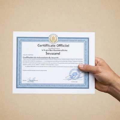 Gros plan sur une main tenant une certification ou un document officiel, symbolisant la qualification et le professionnalisme d'un serrurier, fond flou, no text, no words, no typography, no labels, clean image