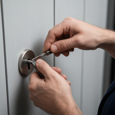 Gros plan sur une clé de serrurier en train d'ouvrir une porte claquée, avec des outils de serrurerie en arrière-plan, éclairage professionnel, no text, no words, no typography, 8K