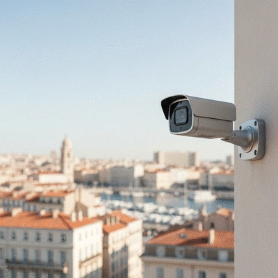 Modern security camera system with a blurred Marseille city background, no text, no words, no typography, clean image