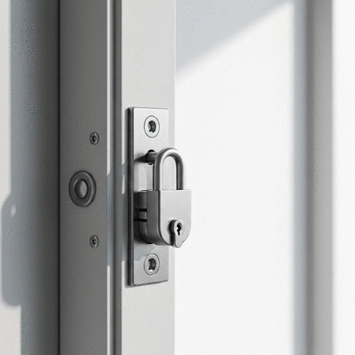 Close-up of a high-security lock on a reinforced door, emphasizing robust construction