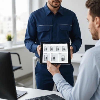 Un serrurier professionnel en uniforme, utilisant une tablette pour montrer les options de système de contrôle d'accès à un client, dans un environnement de bureau moderne, no text, no words, no typography, clean image
