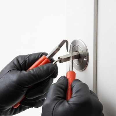 Gros plan sur un serrurier qui crochète une serrure avec des outils spécialisés