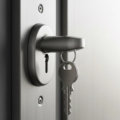 Gros plan sur une serrure de porte moderne avec un jeu de clés inséré, symbolisant la sécurité et la technologie