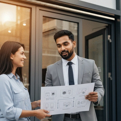 Security consultant discussing options with a shop owner