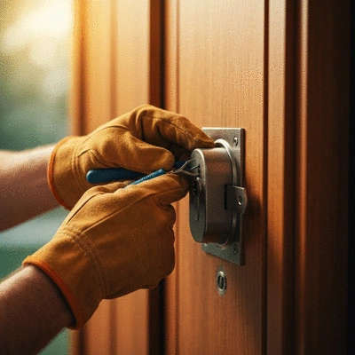 Main d'un serrurier installant une serrure de haute sécurité sur une porte