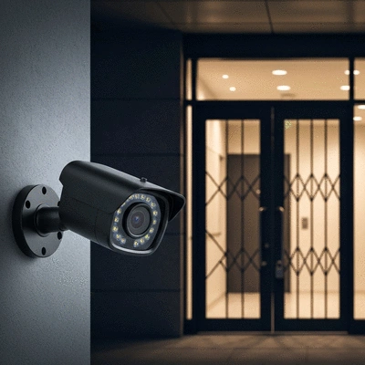 Close-up of a modern security camera watching the entrance of a commercial building