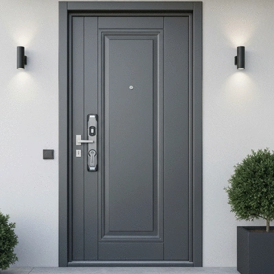 A secure, modern armored door with a high-security lock installed in a residential setting, no text, no words, no typography, 8K, clean image