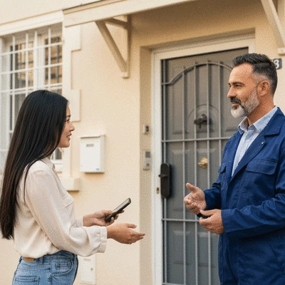 Client discutant avec un serrurier qualifié devant sa maison sécurisée