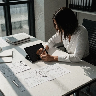 Personne comparant des devis de serruriers sur une tablette, plusieurs documents affichés