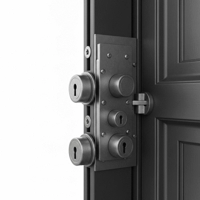 Close-up of a reinforced door with multiple locks and an anti-burglary angle, showing strong security features, no text, no words, no typography, clean image