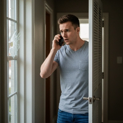 Person using smartphone to call emergency services after a home break-in, with a damaged door in the background