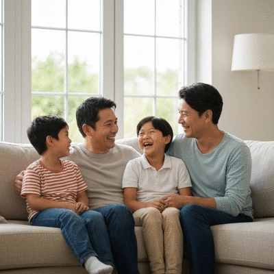 Family feeling secure in their modern home, clean and bright