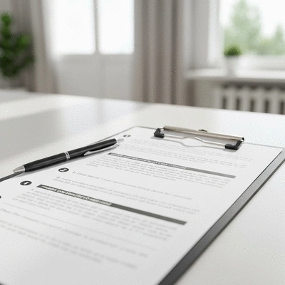 Checklist on a clipboard with a pen, depicting administrative steps after a break-in, with a blurred home background