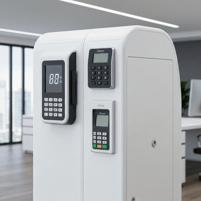 Un système de contrôle d'accès moderne avec un clavier numérique et un lecteur de carte, dans un environnement de bureau propre, no text, no words, no typography, clean image