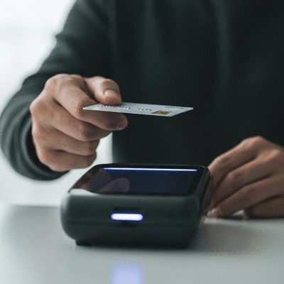 Main tenant une carte de crédit devant un terminal de paiement portable, transaction sécurisée, no text, no words, no typography, no labels, clean image