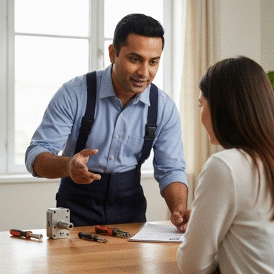 Serrurier expliquant un devis clair à un client, avec une serrure sur la table