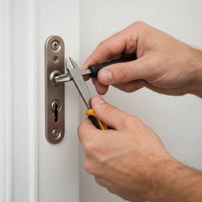 Serrurier professionnel inspectant une serrure de porte, gros plan sur les mains et les outils, lumière naturelle