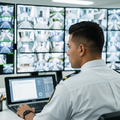 Security guard monitoring multiple screens in a modern control room, showing building access points and surveillance feeds, no text, no words, no typography, clean image