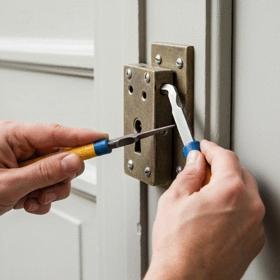 Close-up of a locksmith's hands working on a door lock with tools, demonstrating precision and expertise, clean image
