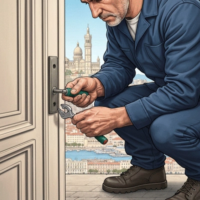 Image d'un serrurier professionnel à Marseille en train de travailler sur une serrure de porte, avec la ville de Marseille en arrière-plan flou, no text, no words, no typography, clean image, 8K