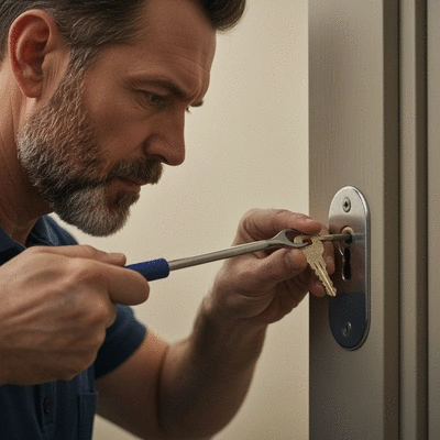 Serrurier professionnel retirant une clé cassée d'une serrure avec des outils spécialisés