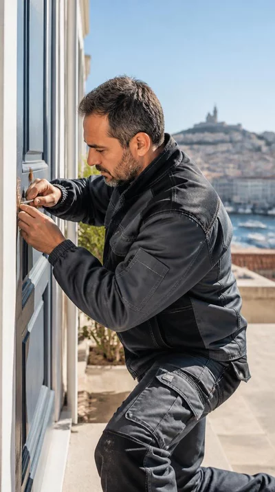 Serrurier en uniforme intervenant sur une serrure de porte d'entrée à Marseille