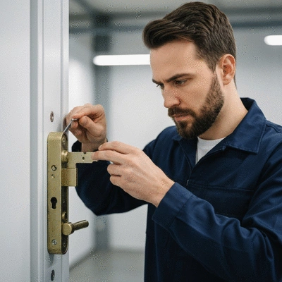 Expert serrurier examinant une serrure de porte