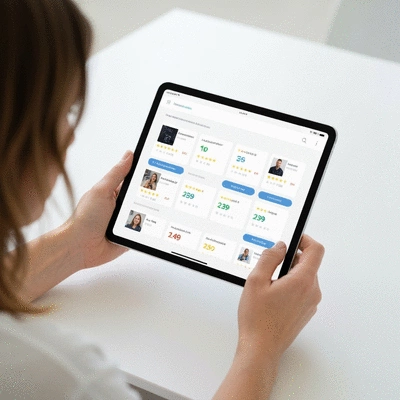 Personne comparant les services de serruriers sur une tablette, symbolisant le choix &eacute;clair&eacute;