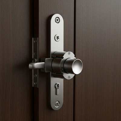 Gros plan sur une serrure multipoints installée sur une porte en bois, illustrant les points de verrouillage, avec un éclairage doux, no text, no words, no typography, clean image