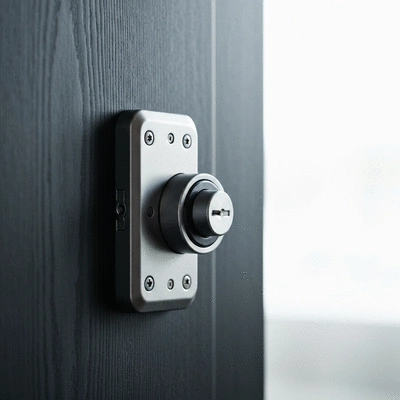 Modern high-security lock on a wooden door, close-up, sharp focus