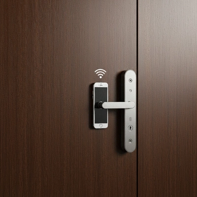 Modern electrified lock on a wooden door, smartphone controlling access, smart home integration, no text, no words, no typography, no labels, clean image