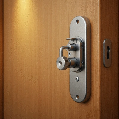 Close-up of a modern high-security lock on a sturdy wooden door