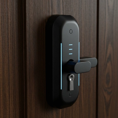 Gros plan d'une serrure électrifiée moderne installée sur une porte en bois, avec des indicateurs lumineux, no text, no words, no typography, clean image